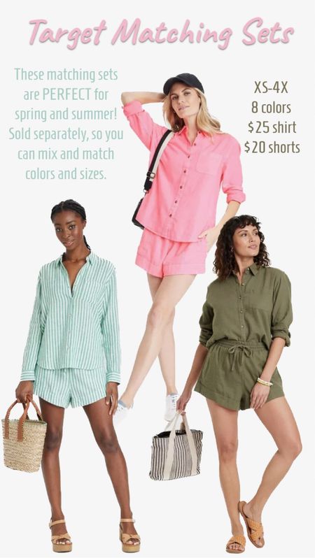 Matching sets are going to be everywhere this spring and summer! This option from Target is under $50, comes in 8 colors, and sizes XS-4X! The pieces are sold separately so you can mix and match colors and sizes. The button down shirt is $25 and could totally work as a beach coverup, and the shorts are $20 with a comfy, elastic waist. Target finds, target new arrivals, spring break outfit, beach outfit, beach look, travel outfit, travel look, vacation outfit, resort look, resort outfit, vacation look, spring break look, spring break vibes, spring break, beach trip, swimsuit coverup, swimsuit cover, comfy shorts, plus size shorts, plus size button down, work wear, button down shirt, matching set, striped shirt, striped shorts, matching short set, spring outfit trends, spring trends, pink button down, green button down, easter outfit, easter shirt, mom uniform, white sneakers outfit, white tennis shoes outfit, under $20 shorts

#LTKtravel #LTKFestival #LTKunder50