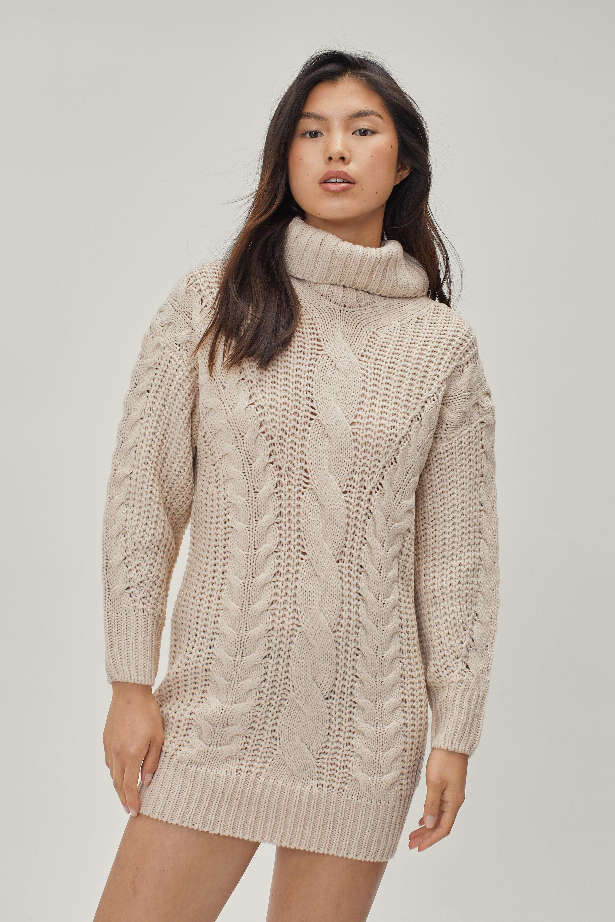 Womens Cable Knit Roll Neck Mini Dress - Beige - S | Nasty Gal (US)