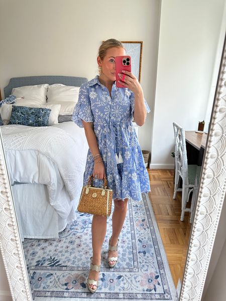 Classic outfit for summer! ￼Periwinkle blue eyelet shirt dress from Sail to Sable, gold detailed cane bag, my favorite pearl and gold hoops, and pearl scalloped heels

#LTKfit #LTKitbag #LTKshoecrush