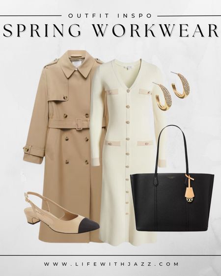 Neutral spring workwear outfit inspo 🤍

Trenchcoat  / work dress / cream / white / cap toe / slingbacks / classic / black tote bag / jewelry / spring style

#LTKstyletip #LTKSeasonal #LTKworkwear