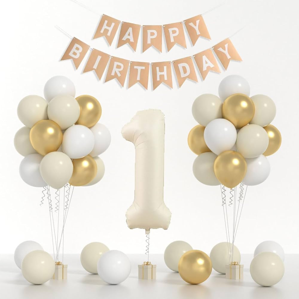 One Birthday Decorations kit, 40inch cream Number 1 balloon and HAPPY BIRTHDAY banner set with 12... | Amazon (US)