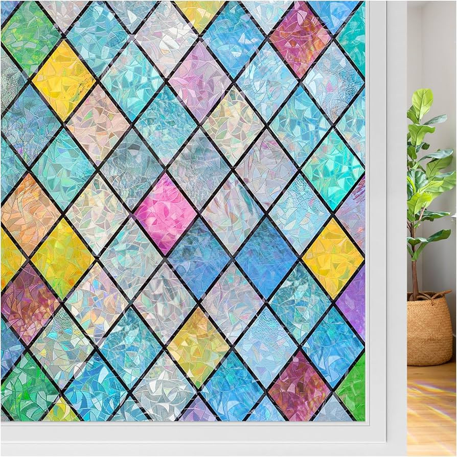 rabbitgoo Stained Glass Window Film Rainbow Film Decorative 3D Privacy Sticker Colorful Lattice W... | Amazon (US)