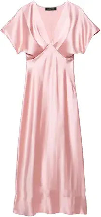 Womens Summer Silk Textured Short Sleeve V Neck Slim Midi Dress Casual Chic for Daily Wear | Amazon (US)