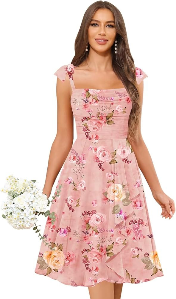 Dusty Rose Floral Chiffon Bridesmaid Dress for Women Wedding Square Neck Ruffle Formal Dress Knee... | Amazon (US)