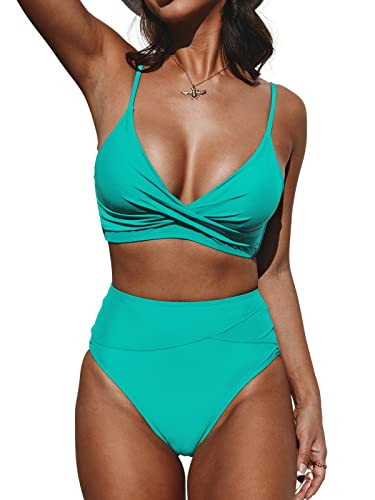 CUPSHE Women's Bikini Sets Two Piece Swimsuit High Waisted V Neck Twist Front Adjustable Spaghetti Straps Bathing Suit,S Turquoise | Amazon (US)