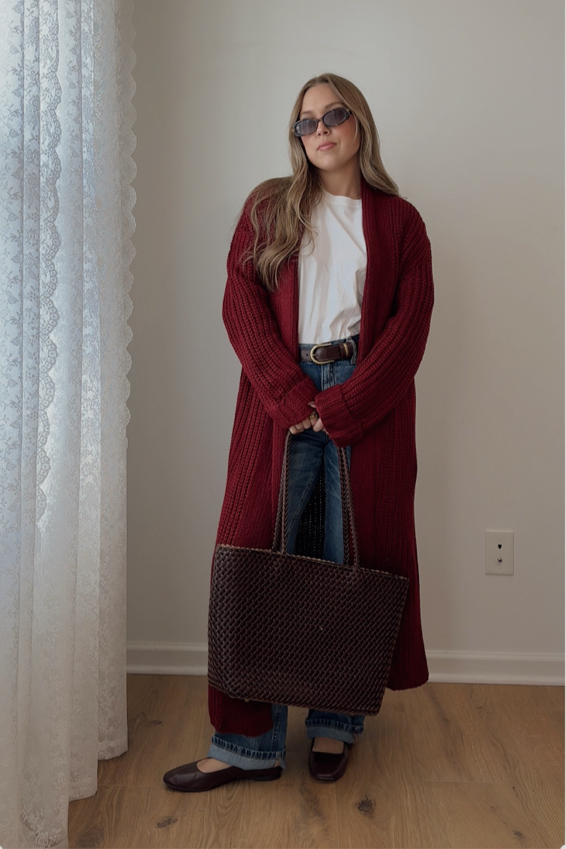 I love adding a pop of color to my Fall looks🍁 wearing a medium cardigan, large shirt, 4 jeans (usually a 27)

Amazon finds, neutral look, denim jeans, red cardigan, long knit cardigan, maroon, accessories, leather woven tote bag, purse, ballet flats, brown sandals, fall shoes, pearl earrings, chic fashion, suede belt, jewelry 

#LTKShoeCrush #LTKItBag #LTKStyleTip