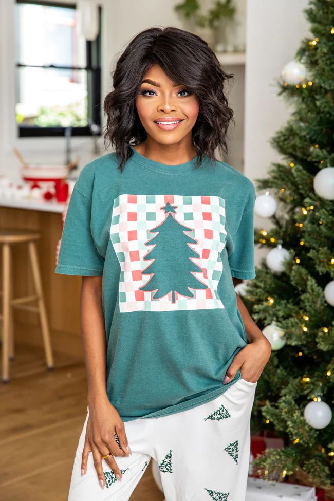 Checkered Christmas Tree Dark Green Graphic Tee | Pink Lily