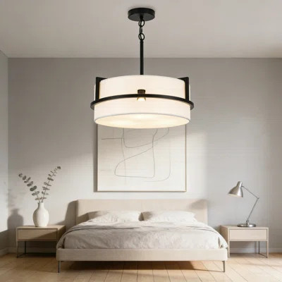 Modern Drum Chandelier Pendant Light With Adjustable Height, 3-Light White Linen Shade Fixture For Kitchen Island, Dining Room, Living Room, And Bedro | Wayfair North America