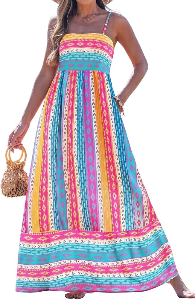 popvil Women Summer Maxi Dress 2026 Spaghetti Strap Long Beach Dress Boho A-Line Flowy Casual Sle... | Amazon (US)