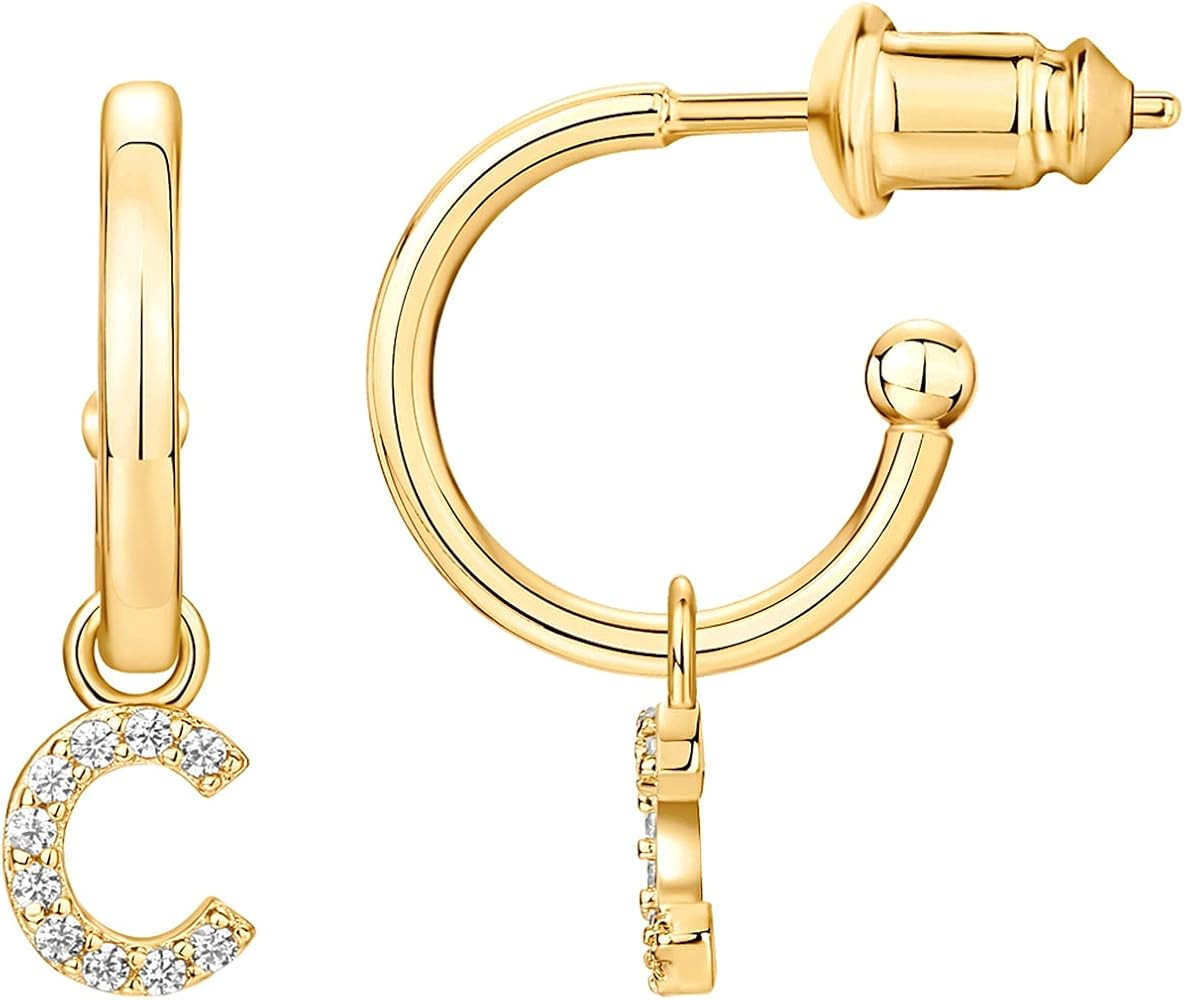 Amazon.com: PAVOI 14K Yellow Gold Plated 925 Sterling Silver Post Huggie Earring With Initial Dan... | Amazon (US)