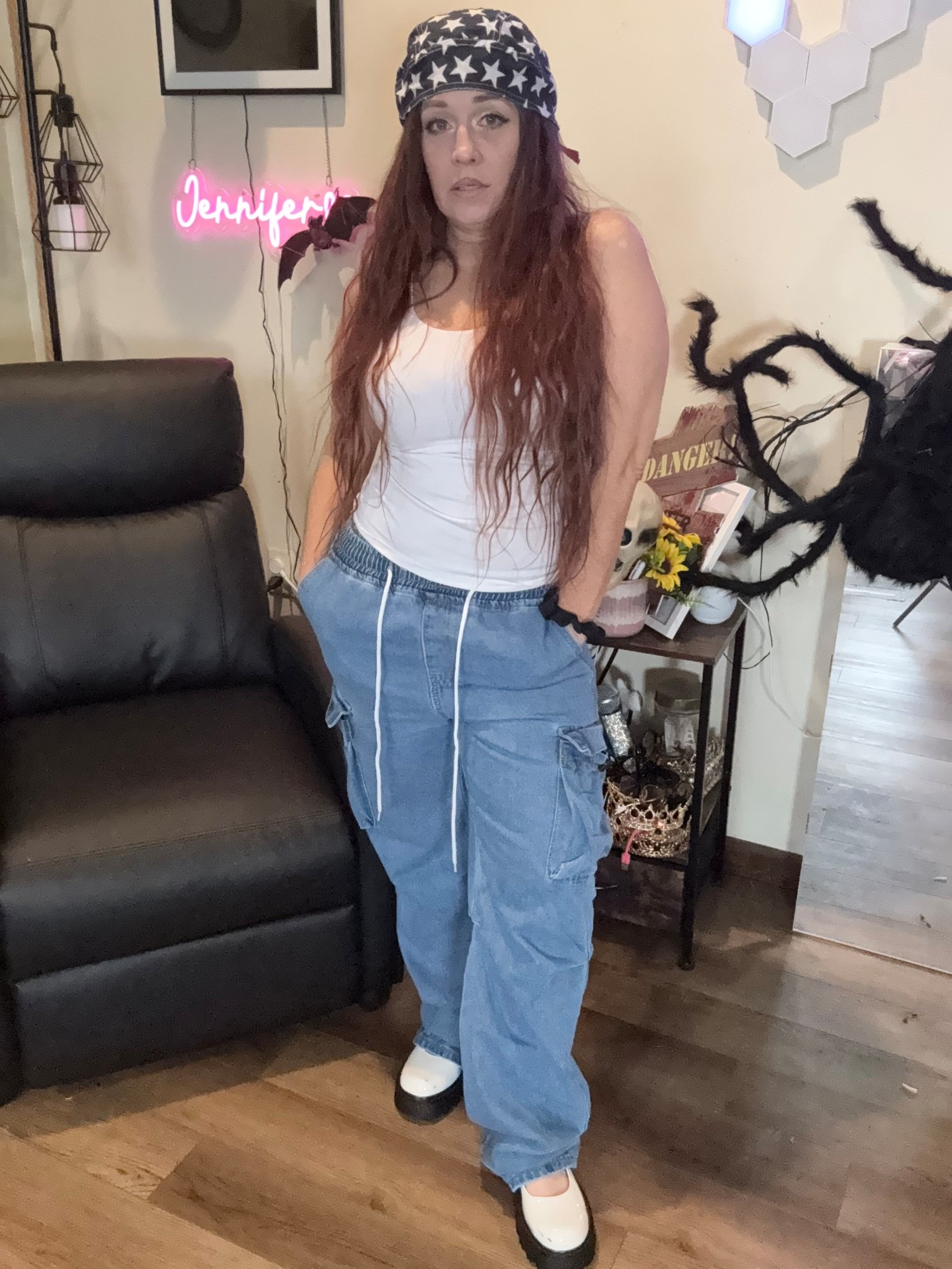 Stars, stripes, and subtle style. ✨ Loving the juxtaposition of casual cargo denim with the preppy Mary Janes. The flag bandana pulls the whole patriotic look together! Ready for the weekend. 🤍💙❤️

#RedWhiteAndBlue #PatrioticStyle #OOTD #FallFashion #Bandana 

#LTKOver40 #LTKSaleAlert #LTKActive