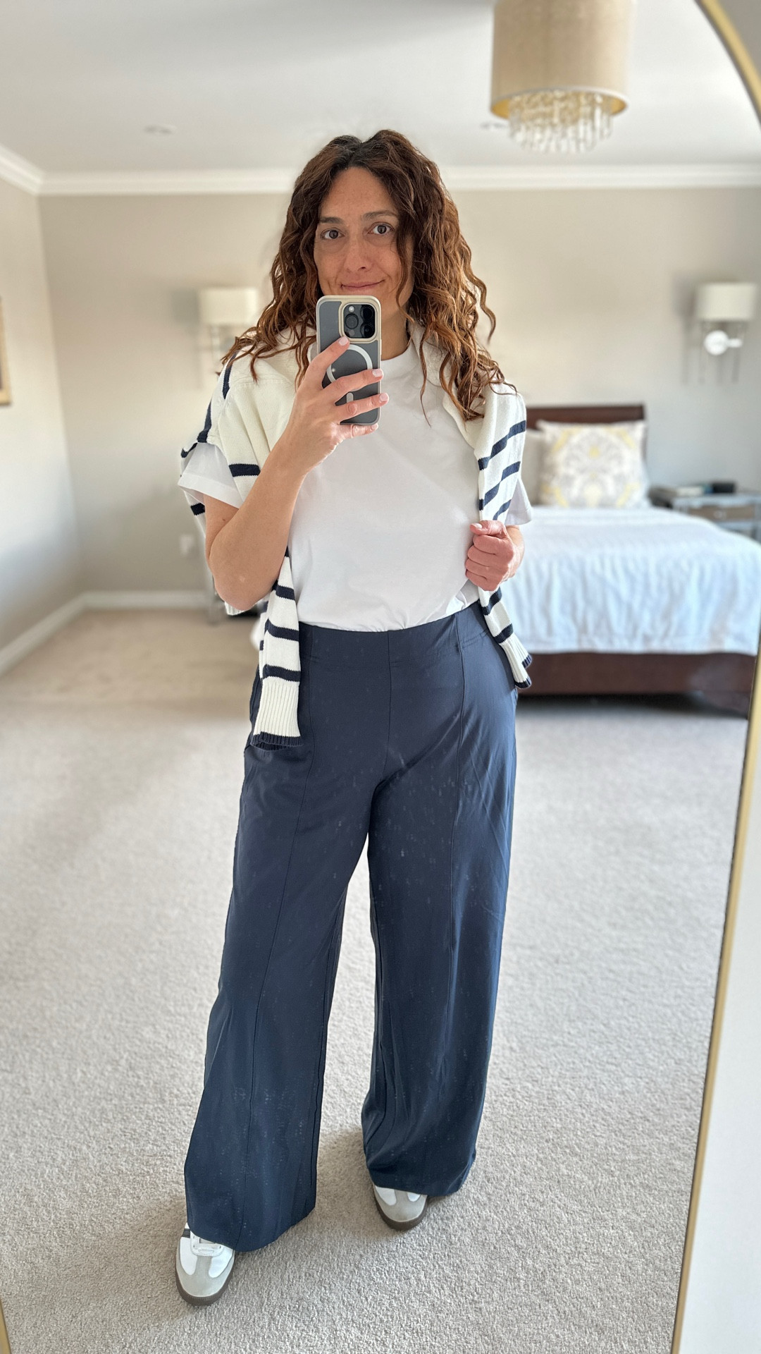 The soft trousers are once again on sale! Personally, although I love the look, I don’t wear light coloured bottoms when I travel in case spills etc… and I want to feel put together on arrival so navy is an elevated alternative. 
Wearing M Regular

#LTKover50style #LTKmidsize #LTKtravel