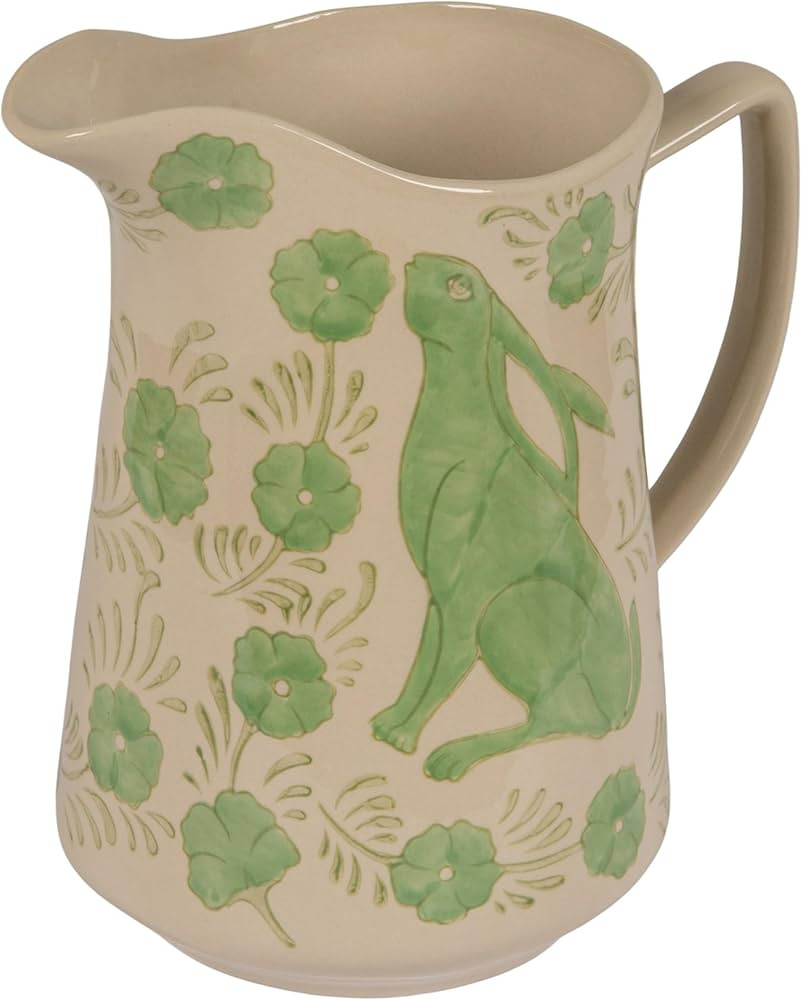 Creative Co-Op 3-Quart Stoneware Pitcher with Rabbit and Floral Motif, Green | Amazon (US)