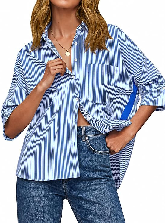 Cicy Bell Womens Summer Oversized Button Down Shirts Half Sleeve V Neck Business Casual High Low ... | Amazon (US)