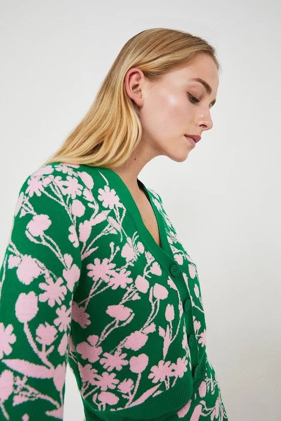 Recycled Floral Jacquard Knit Cardigan | Warehouse UK & IE