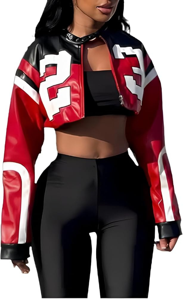Women's Faux Leather Cropped Motorcycle Jacket Y2K Letter Bomber Jacket Streetwear Style | Amazon (US)