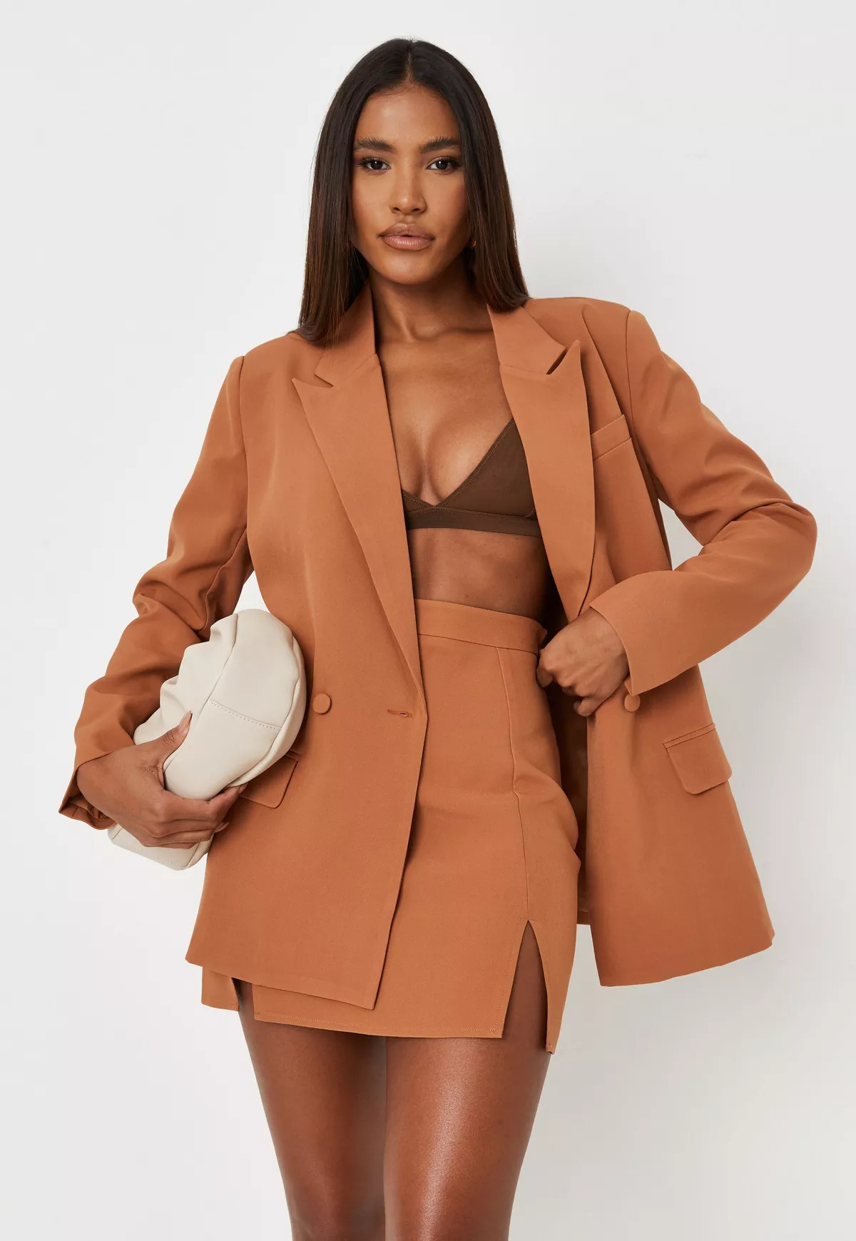 Petite Camel Tailored Double Breasted Blazer | Missguided (US & CA)
