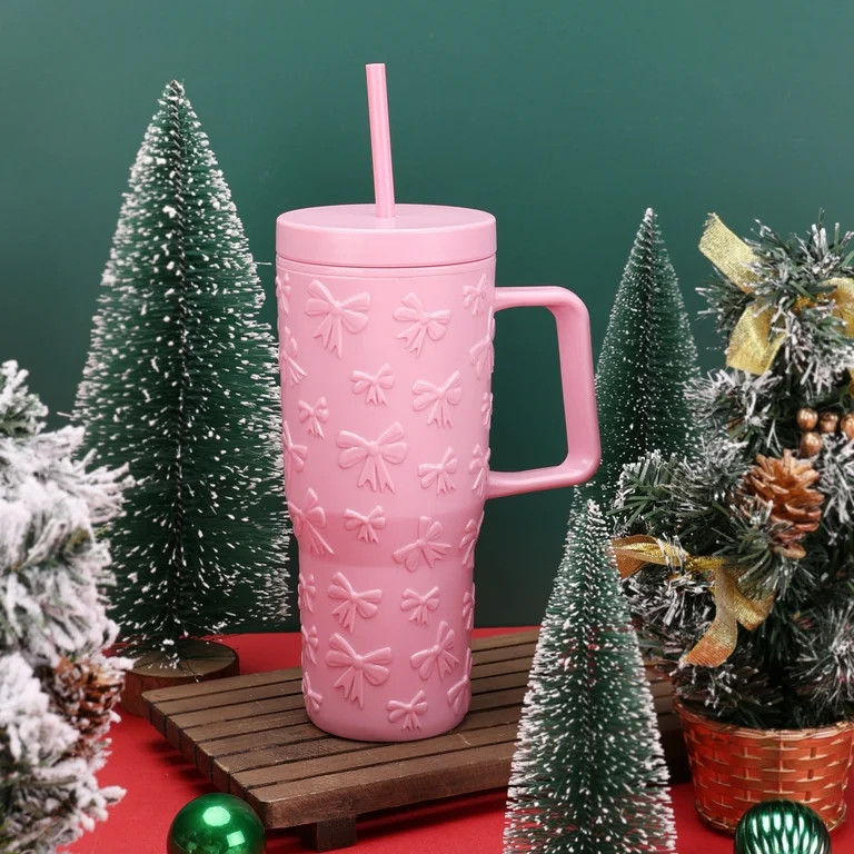 30 Ounce Pink Acrylic Double Wall Embossed Bows Tumbler with Straw and Handle, by Holiday Time | Walmart (US)