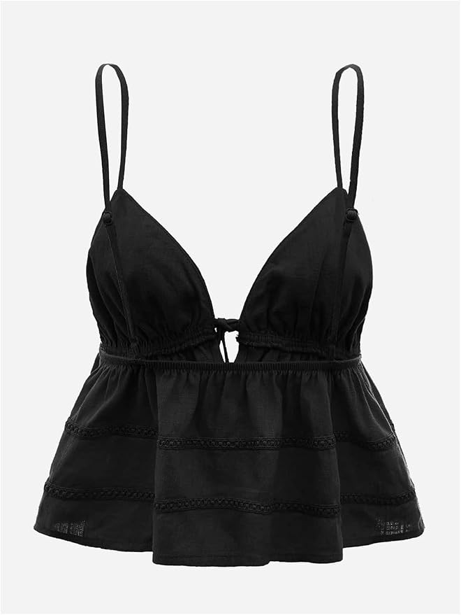 OYOANGLE Women's Spaghetti Strap Deep V Neck Cami Crop Tops Tie Front Cami Sleeveless Peplum Top | Amazon (US)