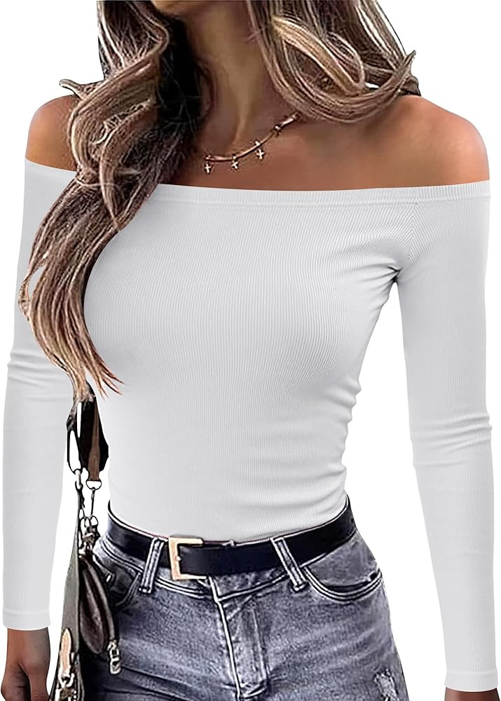 OwnTime Womens Off The Shoulder Tops Sexy Long Sleeve Shirts Fall Ribbed Knit Slim Fit Going Out ... | Amazon (US)