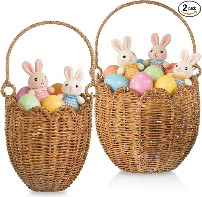 2 Pack Wicker Easter Basket, Scalloped Easter Baskets with Handle, Hand Woven Picnic Basket Ratta... | Amazon (US)