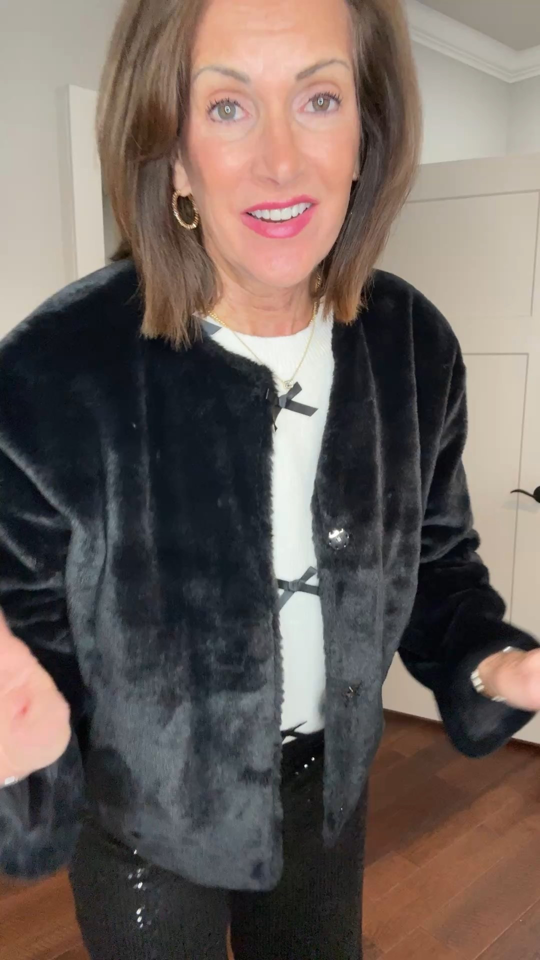 Faux fur jacket - large 
Bow sweater - large 
Sequin pants - size 8

Holiday style
New Year’s Eve outfit 
Party styles 

#LTKMidsize #LTKTall #LTKHoliday