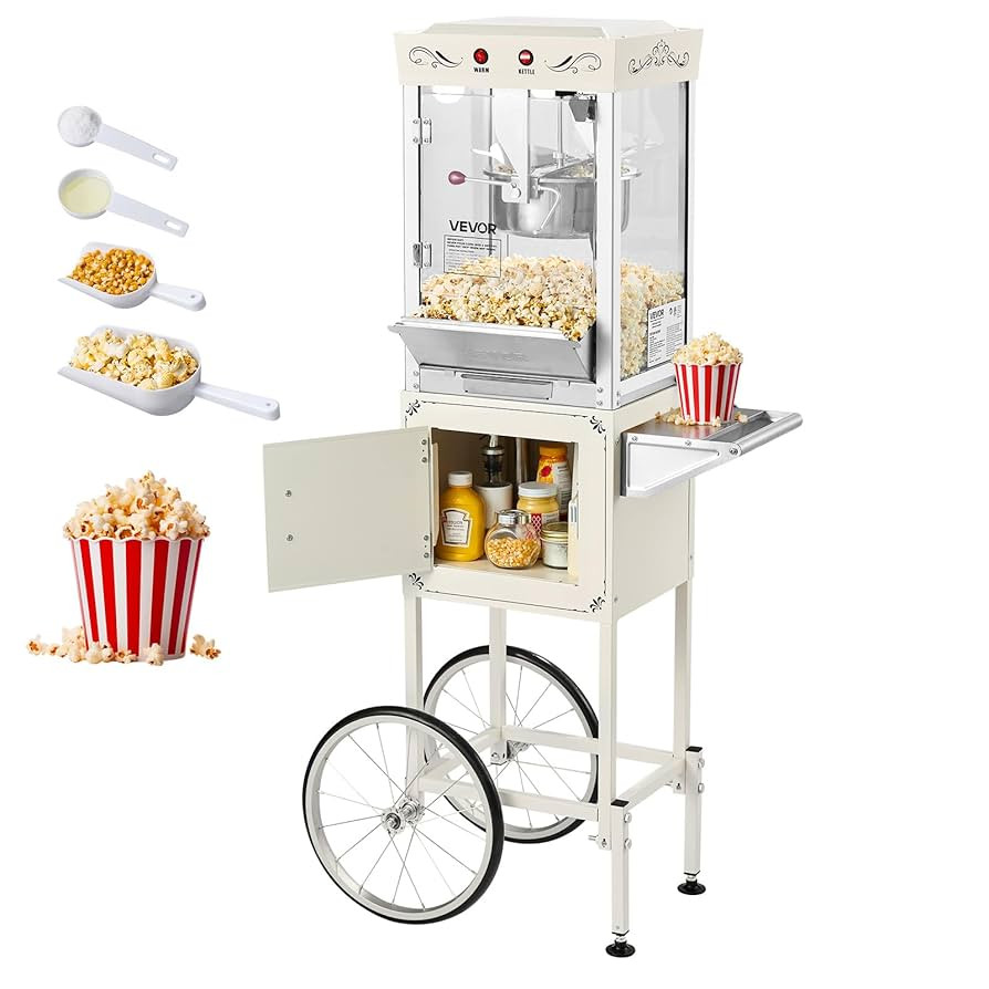VEVOR Popcorn Machine with Cart, 8oz Stainless Steel Kettle, 800W Commercial Popcorn Maker, 48 Cu... | Amazon (US)