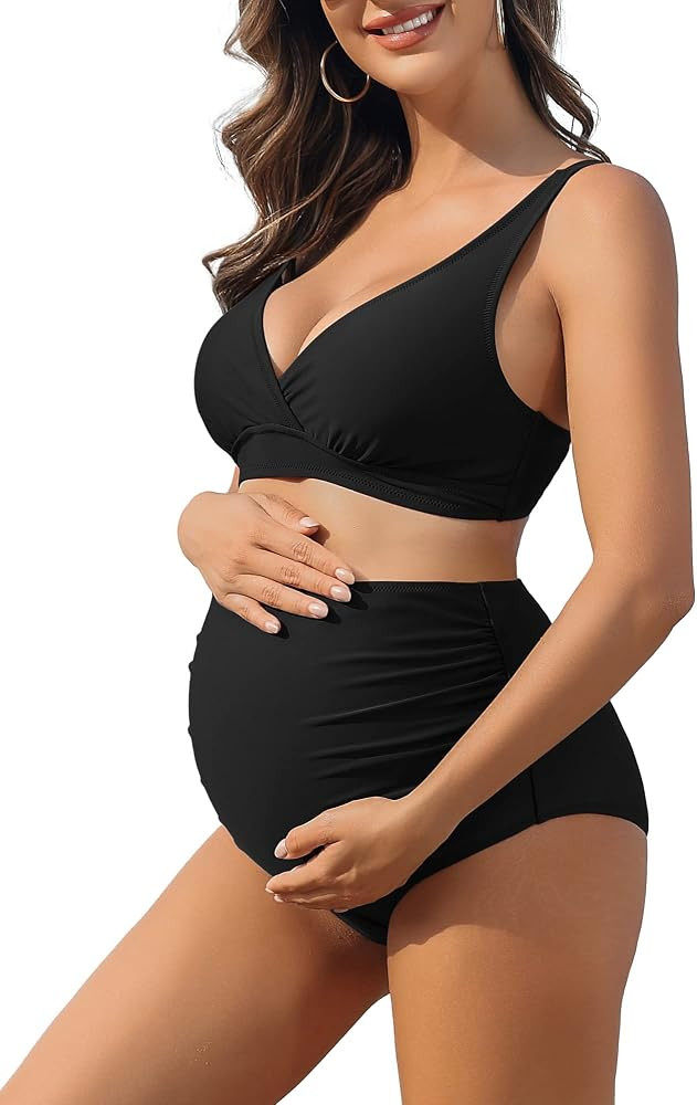 Charmo High Waisted Maternity Swimsuit Bikini Set V Neck Pregnancy Bathing Suits Push Up Two Piec... | Amazon (US)