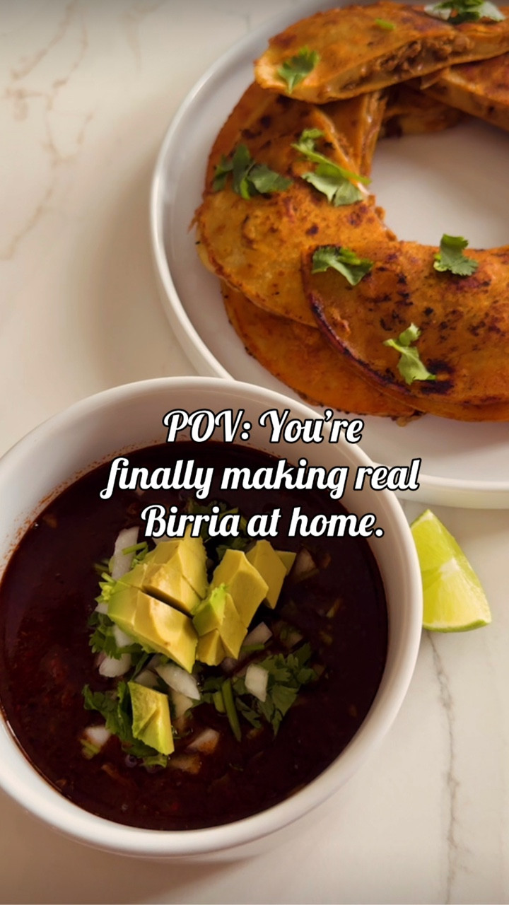 Homemade Birria Recipe Traditional + Birria Bomb Shortcut

Ingredients 
4 lbs beef chuck roast
4 dried guajillo chiles 
4 dried ancho chiles
1/2 white onion
5 garlic cloves 
2 plum tomatoes 
1/2 cup of cilantro 
3-4 cups of water
2 tsp chicken bouillon aka Knorr
1 tsp cumin
1 tsp paprika
1 tsp dried cilantro (optional)
1 tsp chili powder 
1 tsp onion powder 
1 tsp dried oregano
1/2 tsp grounded cloves
1/2 stick of cinnamon 
1 bay leaves
Salt/pepper to taste

Optional Toppings:
Corn tortillas
Chopped onion
Chopped cilantro
Lime wedges
Avocado
Cheese (for quesabirria or enchiladas

TIP: If you have Birria Bombs, they are spice-packed flavor. You can make a super easy version without dealing with chiles and spice measuring.

NOTE: This reel shows both traditional ingredients and the Birria Bomb shortcut, so you can choose what works best or even combine elements from both.

Directions:
🌮Add meat, spices, and water to a slow cooker and let it slow cook for about 6 hours 
🌮Halfway through cooking…
🌮Boil guajillo and ancho chiles
🌮Blend onion, tomato, cilantro, and garlic and add the mixture
🌮After boiling your chiles, they will be soft. Remove stems and seeds, blend until smooth and add the mixture
🌮NOTE: For a smooth chile sauce, strain the blended mixture (optional)
🌮Now let it slow cook three more hours or until meat is tender
🌮Remove beef and shred it

Quesabirria Taco Option:
You can stop here, or… make tacos. Dip your tortilla in the broth, fill it with meat and cheese, then sear until crispy. Serve with broth (consommé) for dipping.

Save and share this reel, because once you make Birria like this, there’s no going back.

#Birria #BirriaTacos #quesabirria #ComfortFood #Mexicanfood #Tacos

#LTKHome #LTKFindsUnder100 #LTKFindsUnder50