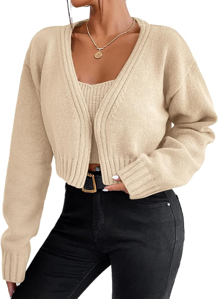 Women's 2 Piece Sweater Set Long Sleeve Cropped Cardigan Sweater Crop Top Set | Amazon (US)