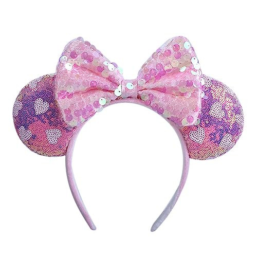 WW-WONDERFULWORLD Pink Princess Mouse Ears Headband - Sparkling 4 Inch Ears with White Hearts & Soft Flannel Bow | Glitter Hair Accessory for Themed Party, Cosplay, Festival | Amazon (US)
