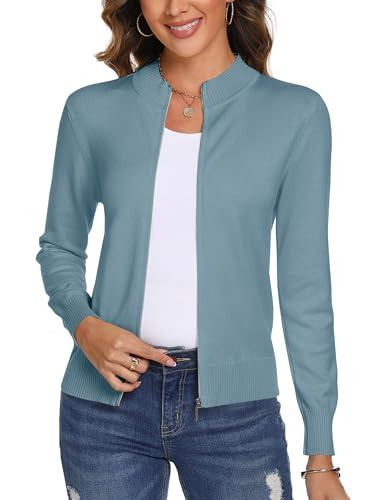Totatuit Zip Up Jacket for Women Casual Lightweight Zip Front Cardigan Long Sleeve Jackets No Hood Crewneck Clothes Ladies Cardigan Knitted Sweater Gray Blue Medium | Amazon (US)