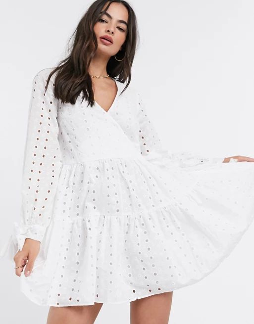 ASOS DESIGN tiered trapeze wrap mini dress in broderie in white | ASOS US