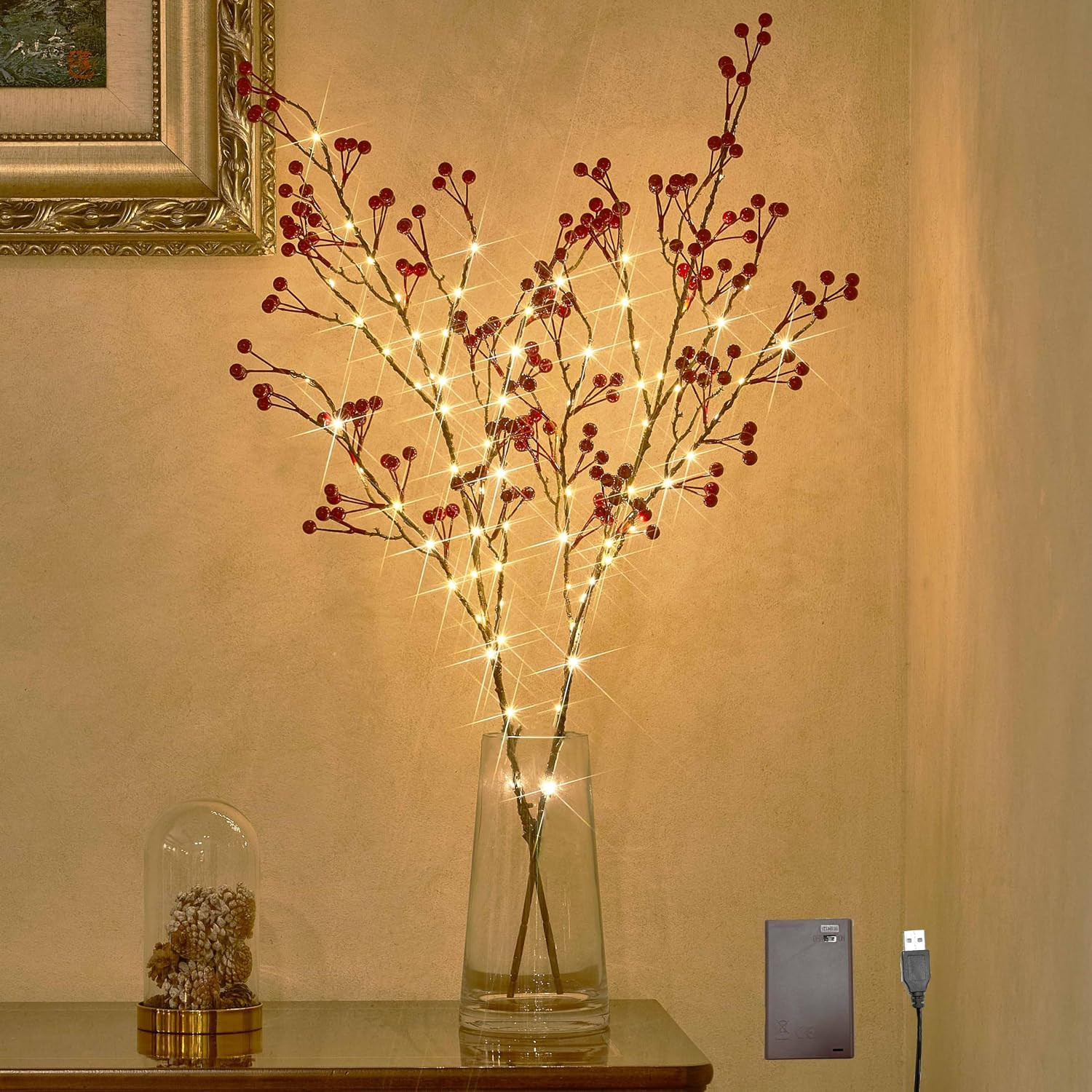 Lighted Red Berry Branches 80 LED Fairy Lights with Timer, Twig Branches with Lights 32IN Battery Operated and USB Plug in for Home Fireplace Christmas Decoration | Amazon (US)