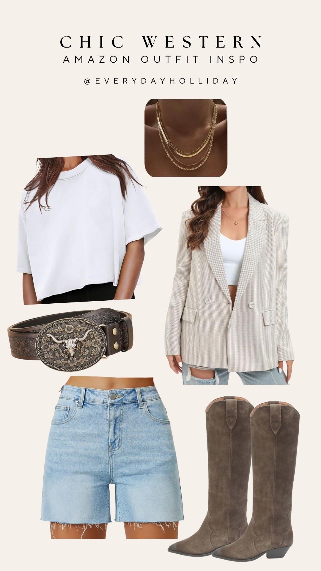 Chic western is my love language 🤠 White crop tee, neutral blazer, denim shorts, longhorn belt, and the most gorgeous taupe suede cowboy boots — all from Amazon. This is the outfit formula for every summer concert and beyond. 

#LTKgrwm #LTKootd #LTKFestival