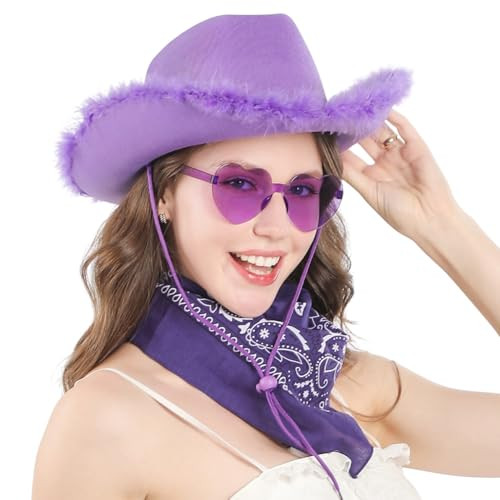 PurpleCowgirl Hat with Bandana and Heart Glasses - Purple Cowboy Hat for Women, Teen Girls - Fun Novelty Cow Girl Hat with Feathers - Wild West Cowgirl Costume Outfit Accessory for Halloween Party | Amazon (US)
