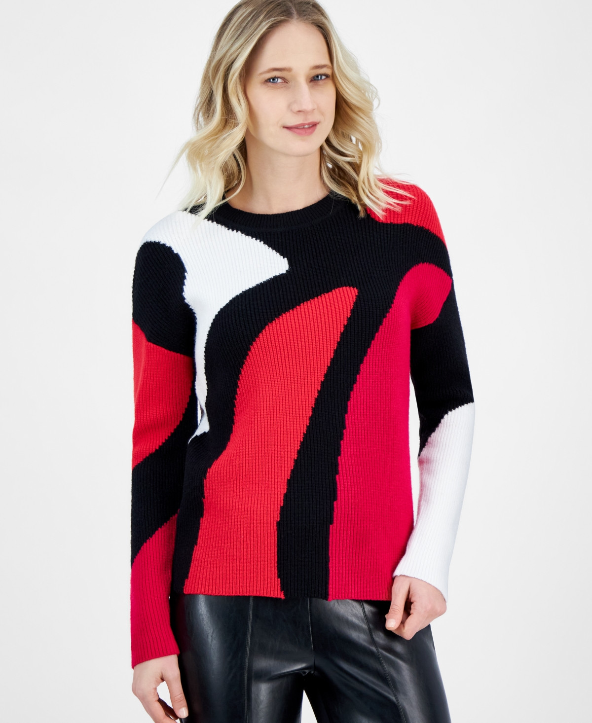 T Tahari Women's Colorblocked Crewneck Long-Sleeve Sweater - Pink Heart Combo | Macy's