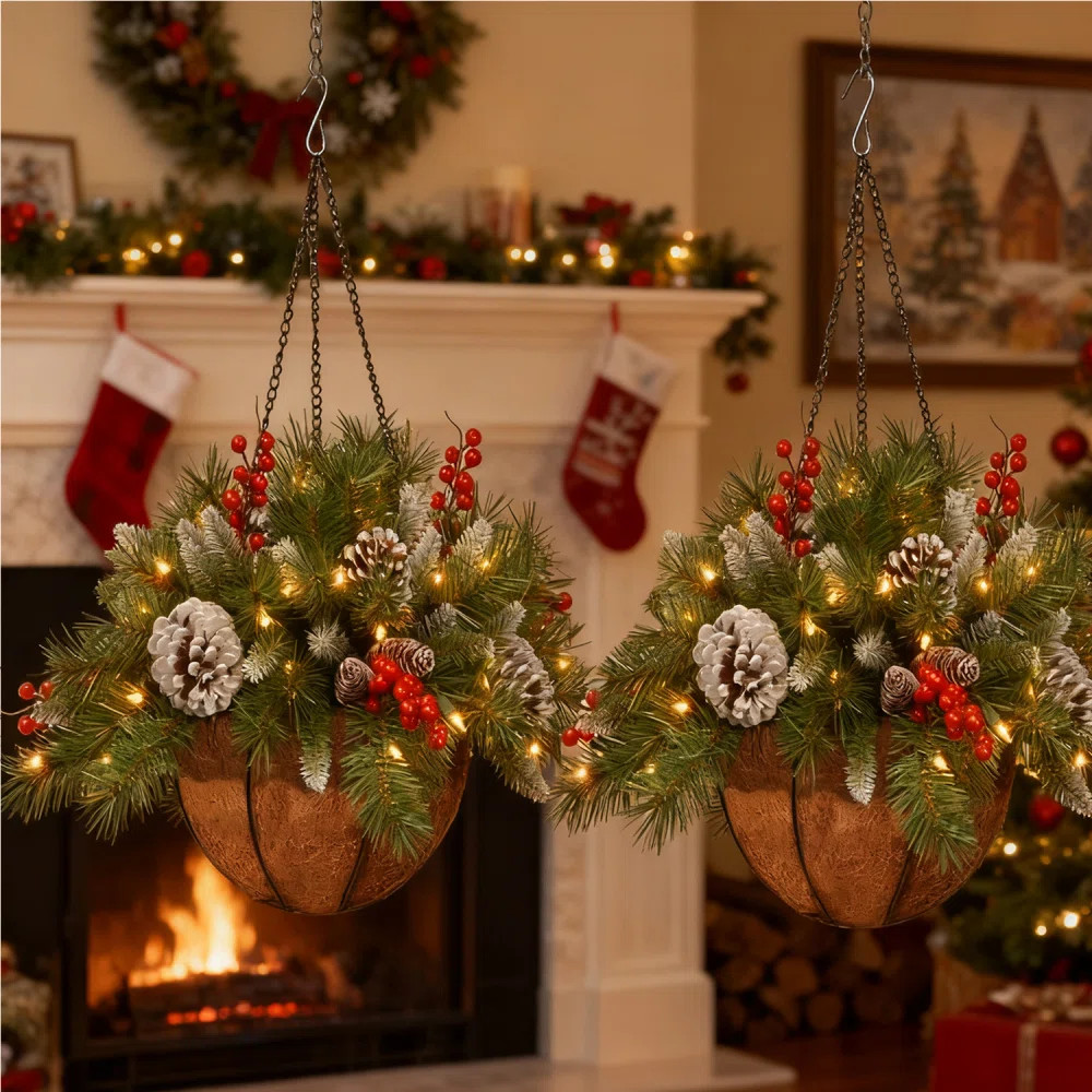 2 Pcs Christmas Hanging Baskets for Outdoors, Outdoor Christmas Porch Decorations with Lights, Artificial Xmas Greenery for Front Porch Patio Outside | Wayfair North America