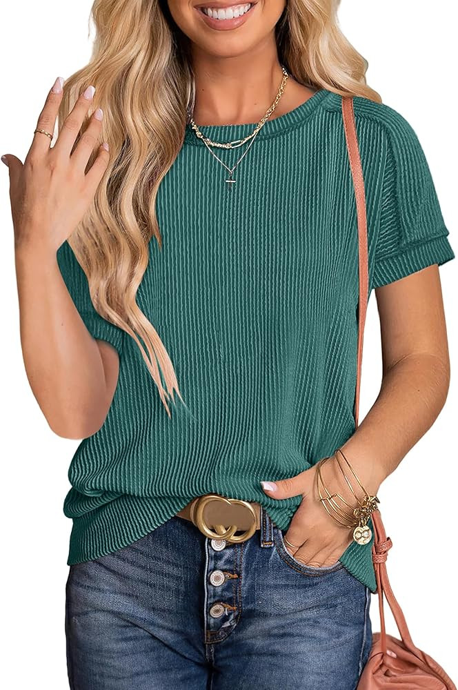 ANRABESS Womens Short Sleeve Crewneck Shirts Ribbed Knit High Low Hem T Shirt 2026 Summer Spring ... | Amazon (US)