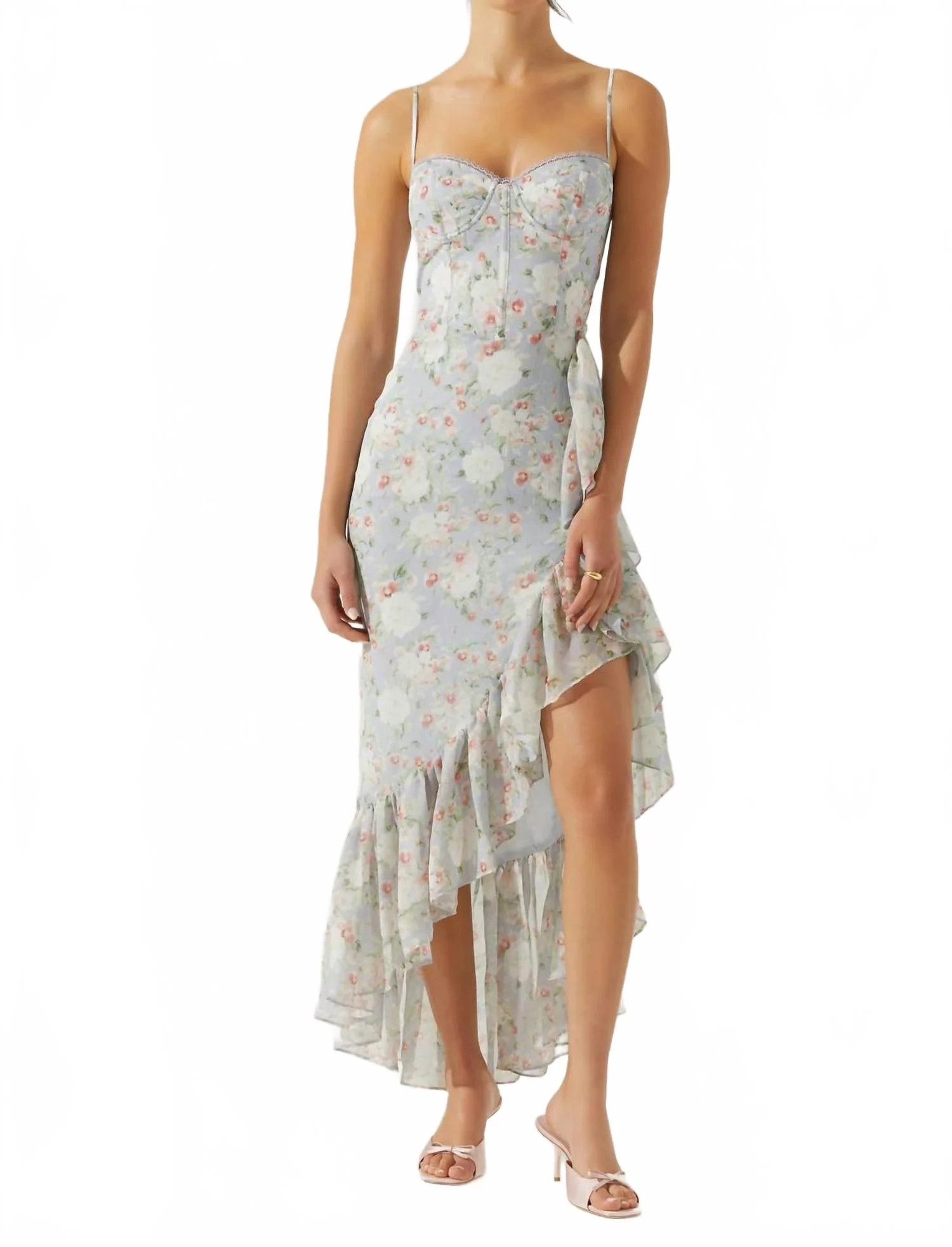 Brisbane Asymmetrical Floral Midi Dress In Light Blue Floral | Shop Simon