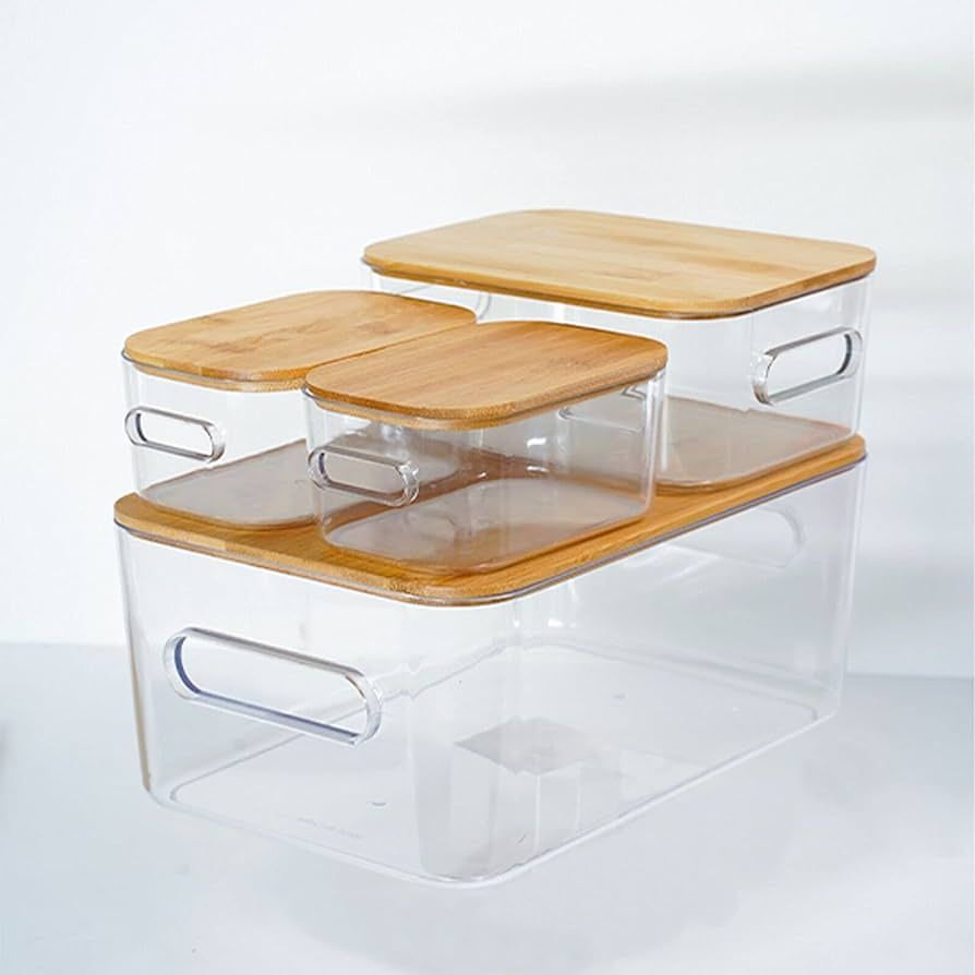 Organizer,Clear Plastic Storage Organizer Bins with bamboo Lids for Home Office, Kitchen, Cupboar... | Amazon (US)