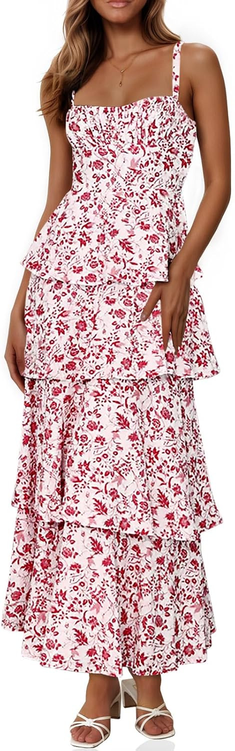 Fisoew Womens Floral Maxi Dress Spaghetti Strap Casual Ruffle Tiered Dress | Amazon (US)