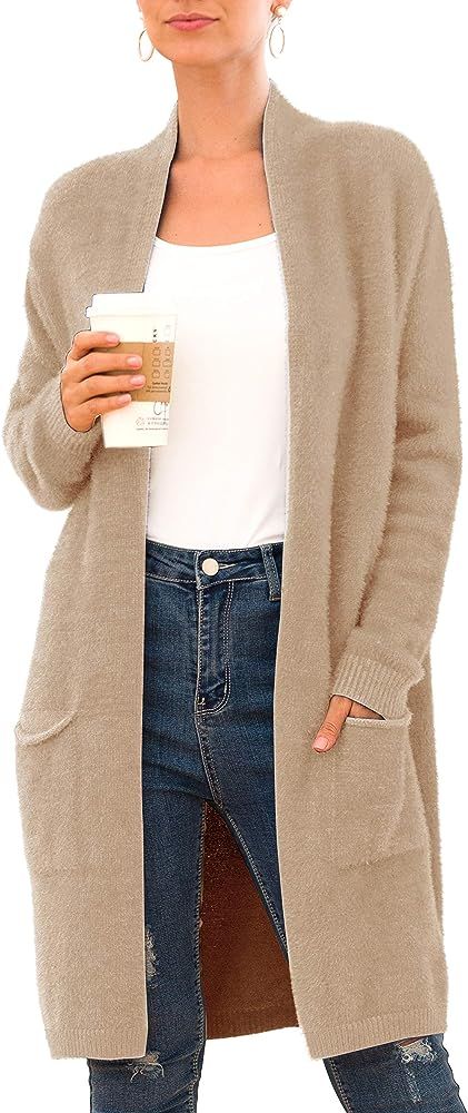 QIXING Women's Casual Open Front Knit Cardigans Long Sleeve Plush Sweater Coat with Pockets Khaki... | Amazon (US)