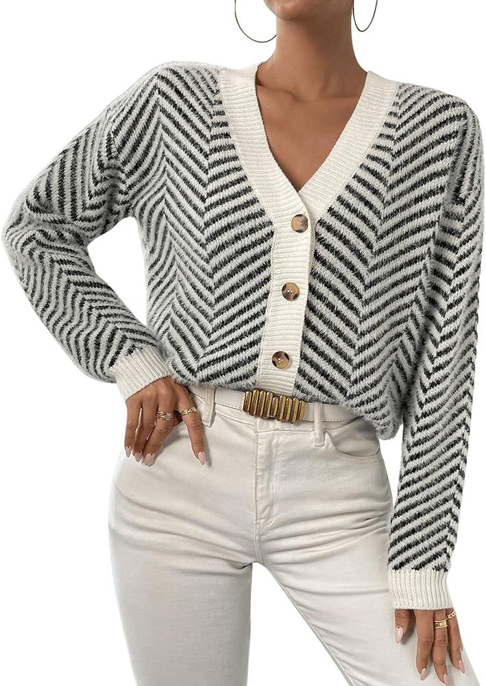 Verdusa Women's Drop Shoulder Button Front Fuzzy Striped Cardigan Sweater | Amazon (US)