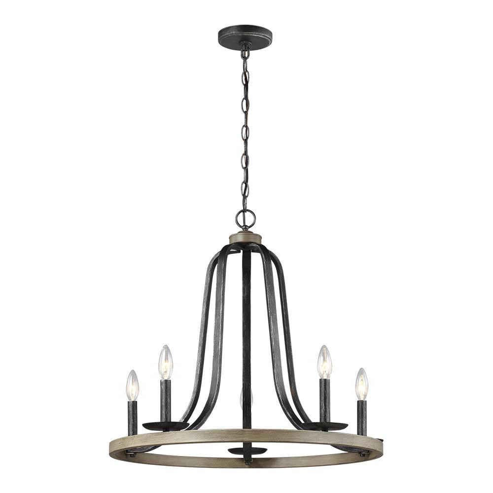 Conal 26 in. W 5-Light Weathered Gray Wagon Wheel Rustic Farmhouse Chandelier with Distressed Oak... | The Home Depot