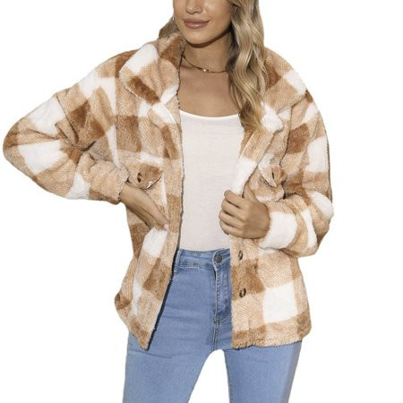 KmaiSchai Womens Flannel Sherpa Jacket Womens Lapel Loose Plush Plaid Patchwork Jacket Long Sleeve B | Walmart (US)