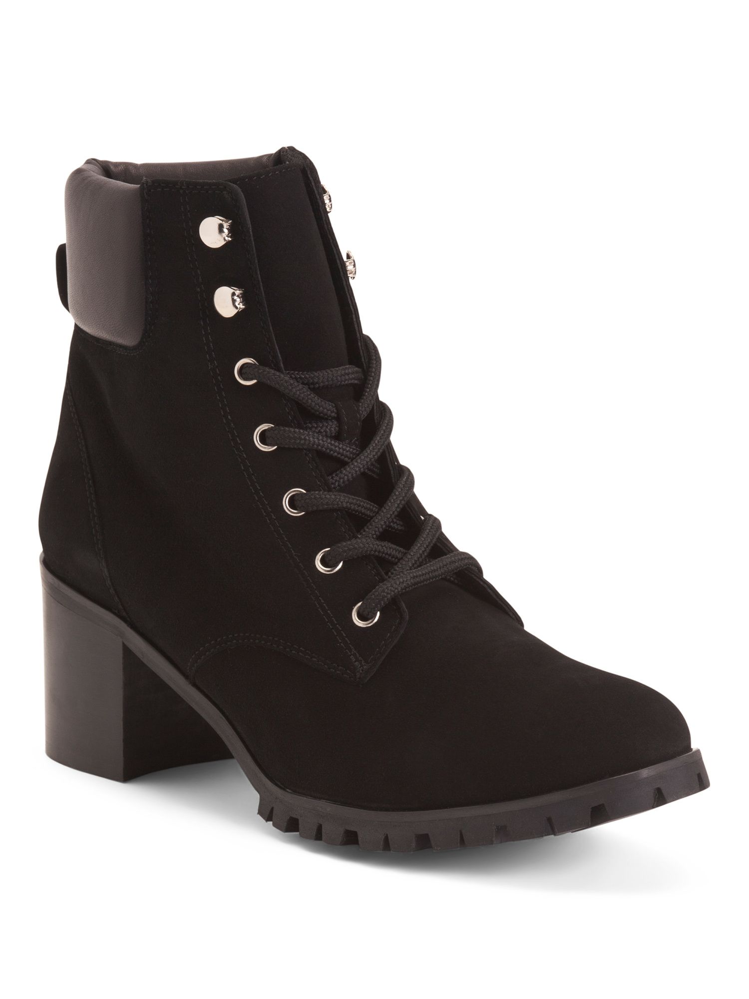 Made In Italy Leather Block Heel Laced Up Booties | TJ Maxx