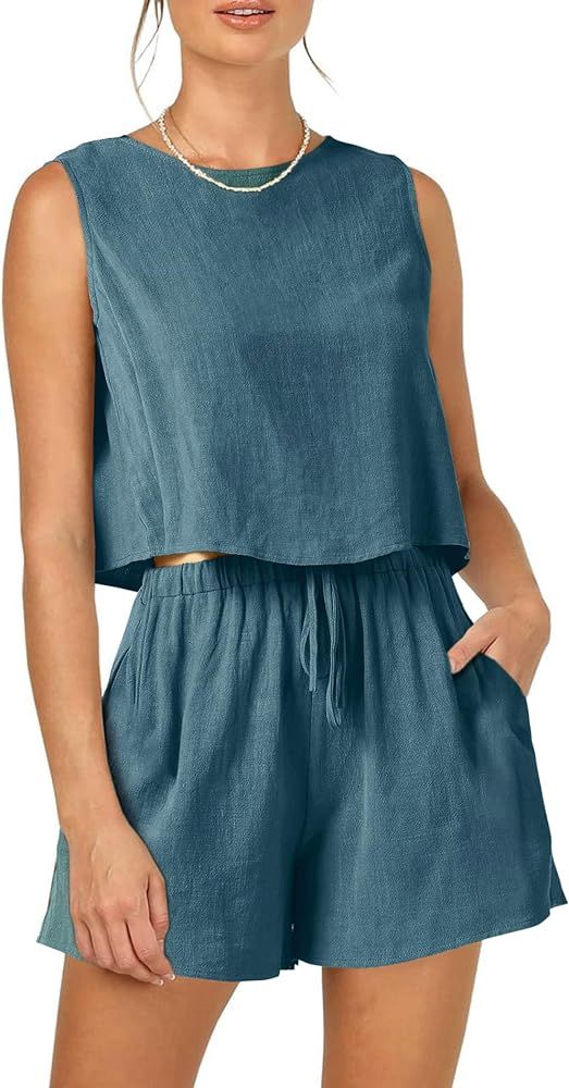 PRETTYGARDEN Women's 2023 Summer 2 Piece Outfits Casual Button Back Crop Tank Tops and High Waist... | Amazon (US)