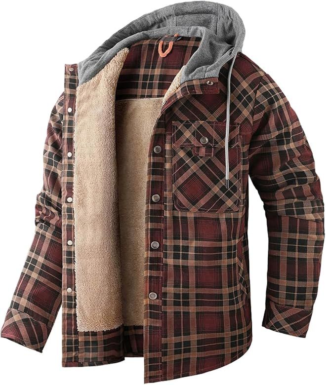 Mr.Stream Men's Hooded Coat Casual Thicken Long Sleeve Plaid Work Flannel Button Down Shirt Jacke... | Amazon (US)