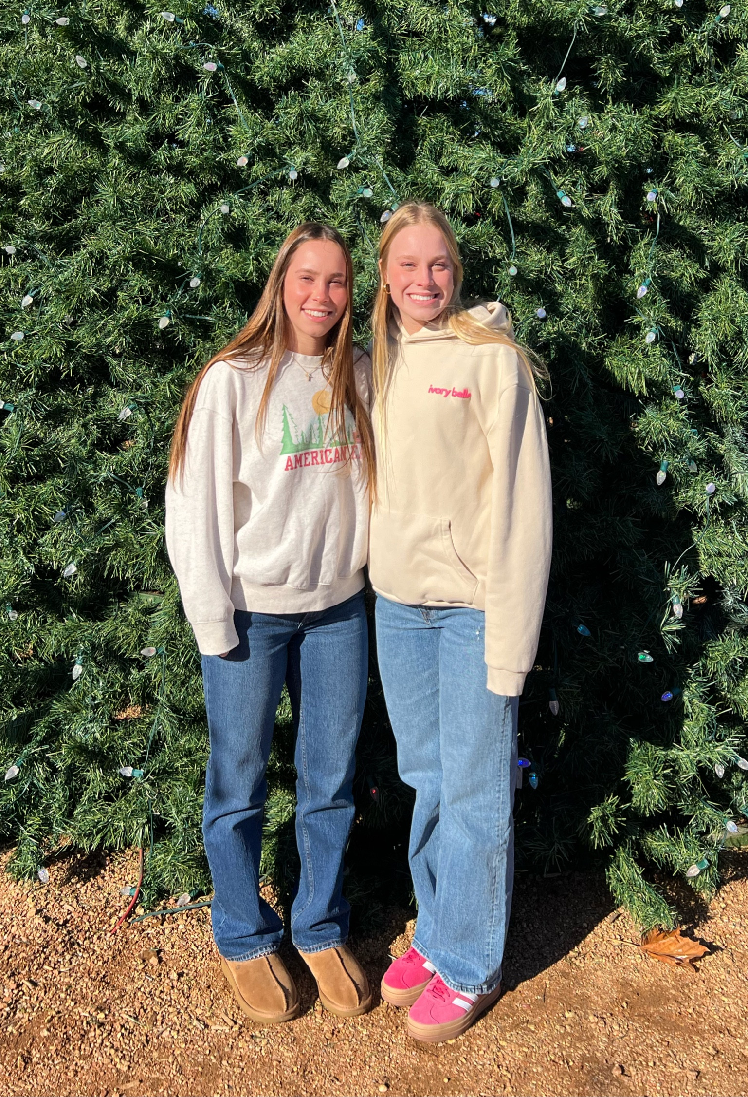 Casual errands fit! Haily on the left is wearing abercrombie and fitch 90s straight leg jeans with an American Eagle holiday crew! while Carli is wearing abercrombie and fitch 90s relaxed jean! Carli is also wearing a sweatshirt from a small business IvoryandBelle! Carli’s shoes are also platform adidas gazelle!

#LTKU #LTKSeasonal #LTKHoliday